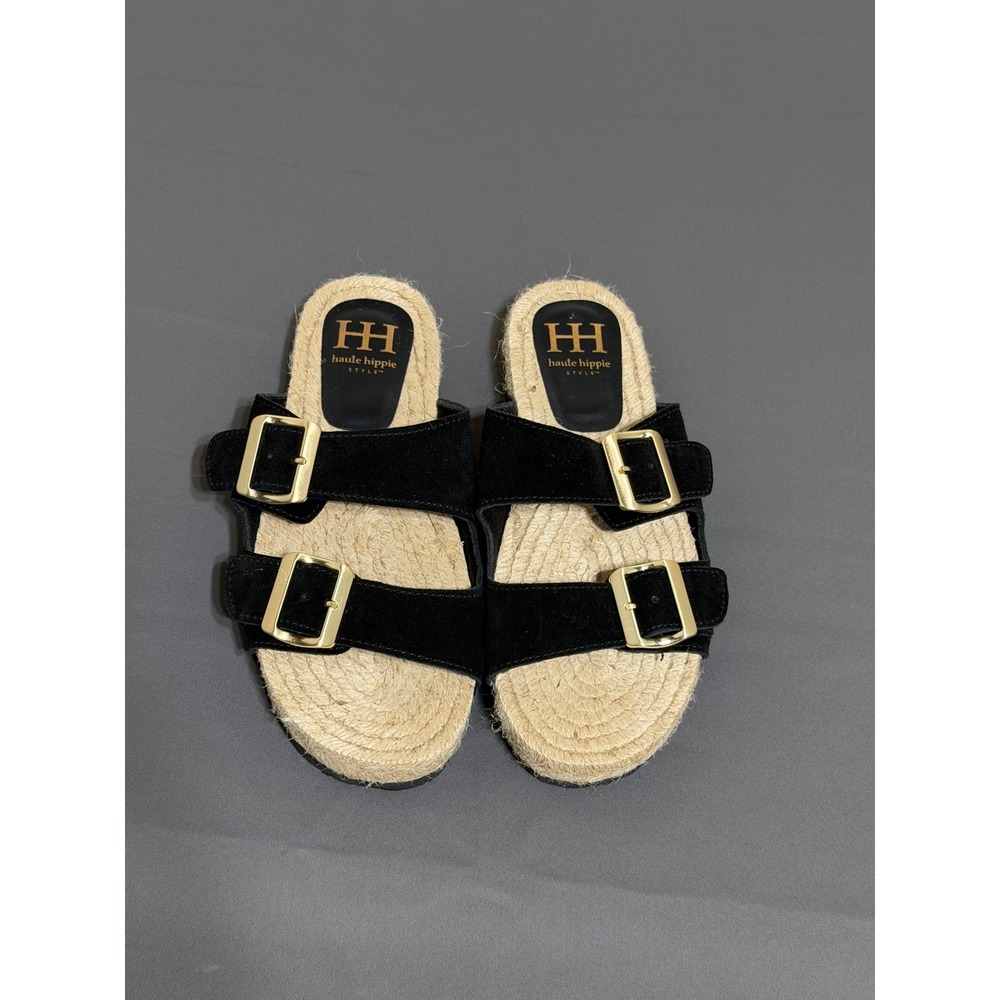 Haute Hippie Style Nikki Black Suede Espadrille Buckle Slide Sandals Size 9M